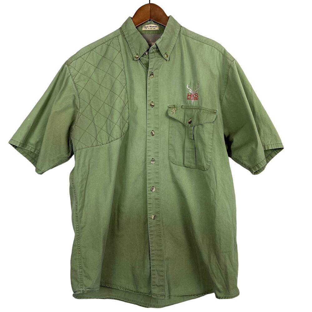 Browning Hunting Shirt Button Up Olive Green Short Sleeve Shooting - L